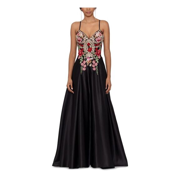 BLONDIE NITES Womens Black Lace-up Back Spaghetti Strap Gown Dress Juniors 1 - Picture 1 of 4